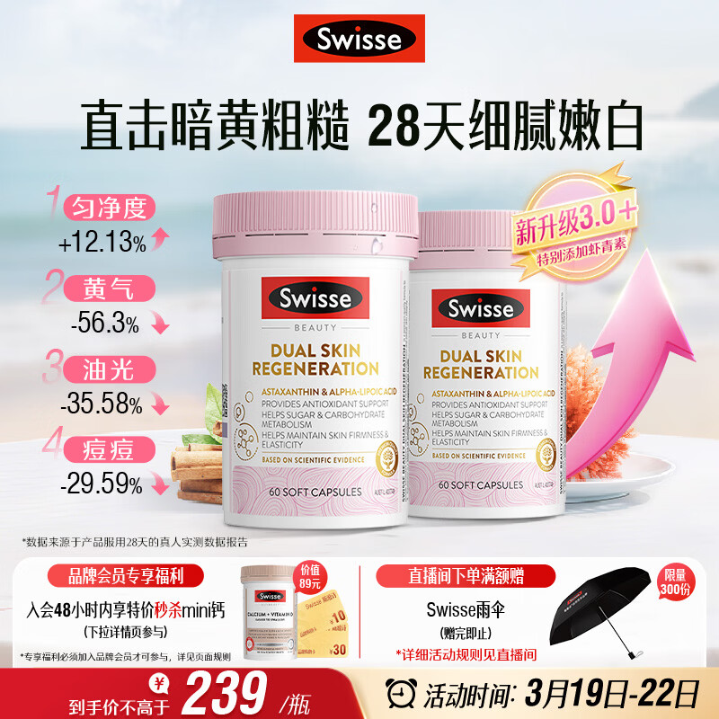 Swisse斯维诗 双抗小粉瓶 双抗丸 虾青素硫辛酸VC祛黄美白提亮60粒*2瓶