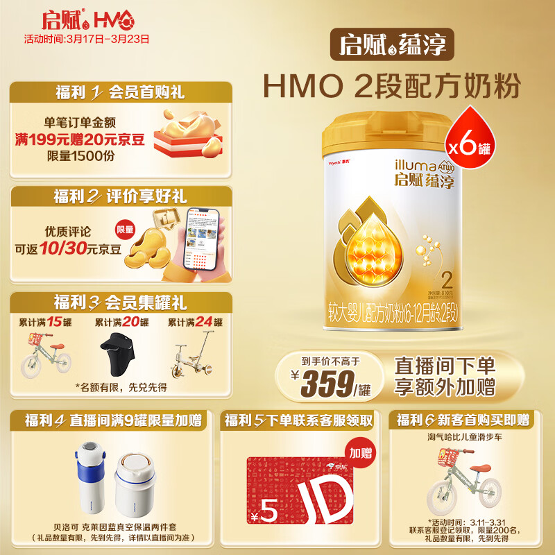 惠氏（Wyeth）启赋蕴淳进口A2奶源HMO较大婴儿配方奶粉2段（6-12月）810g*6罐