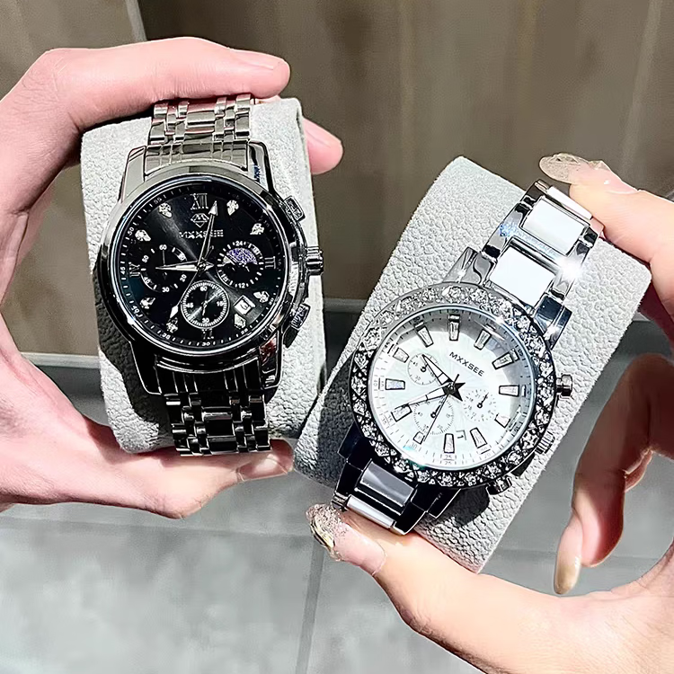 MXXSEE情人节礼物情侣手表一对2026新款正品牌男女送老婆机械风石英手表 情侣银黑+银白【礼盒包装+送手镯】