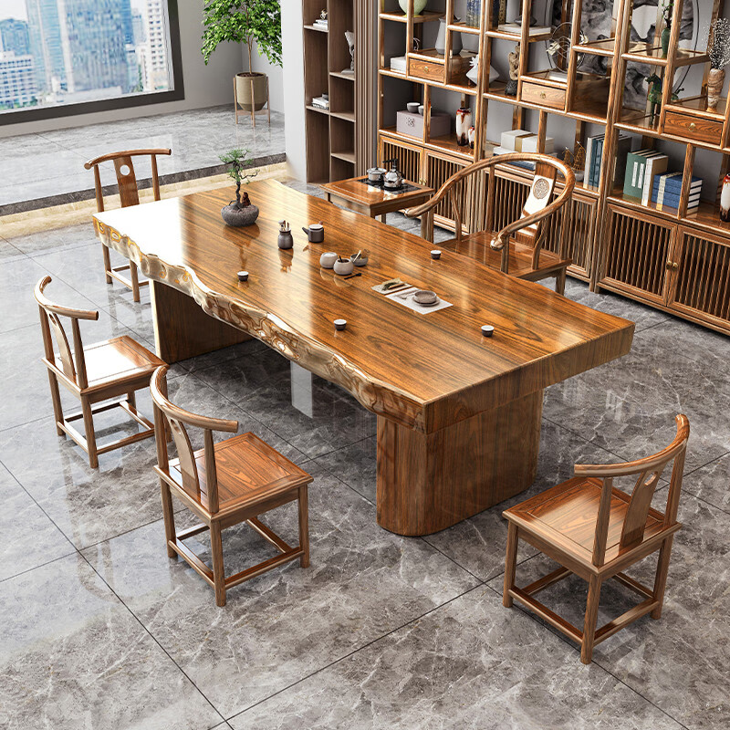 溥畔实木原木整板大板茶桌椅套装组合一桌五椅新中式茶几办公室泡茶台 [平面款]3.0米整板桌+1富贵椅+4围椅+茶水柜