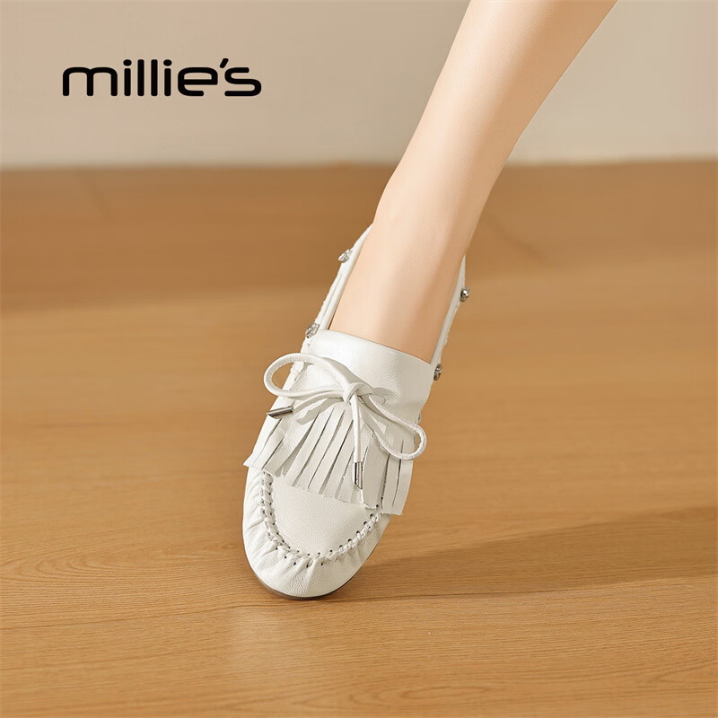 妙丽（Millies）乐福鞋女平底复古时尚2026春季新款百搭舒适通勤小皮鞋 米白色 35 (225mm)