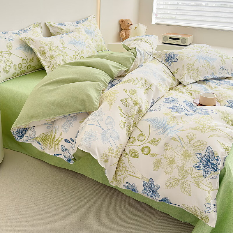 多兰诗（Duolanshi）春夏加厚磨毛四件套 ins四件套花卉田园风格床单被套四件套 鸟语花香M 2.0米 床单款 被套200*230 四件套