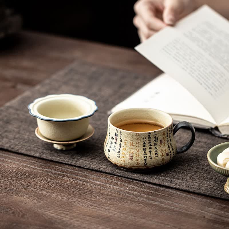 青花火石红福禄茶咖杯居家办公手绘诗文喝水杯个人专用茶水分离杯 福禄茶咖杯(简装) 101-200ml