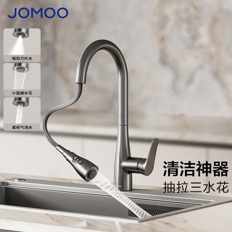 九牧（JOMOO）厨房水龙头全铜 洗菜盆水龙头抽拉式水龙头水槽冷热水二合一龙头 【枪灰三挡抽拉】优质黄铜33255