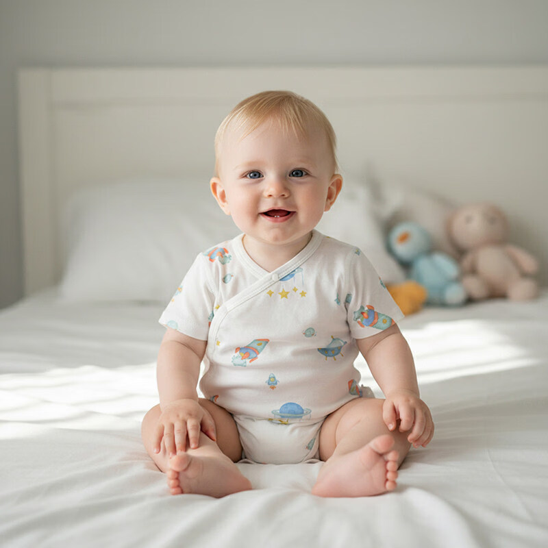 小猪大卫 PECODAVID夏新生婴儿A类纯棉包屁衣男女宝宝短袖对开哈衣爬爬服 宇宙飞船 90cm 修身版，按身高，拍大一码