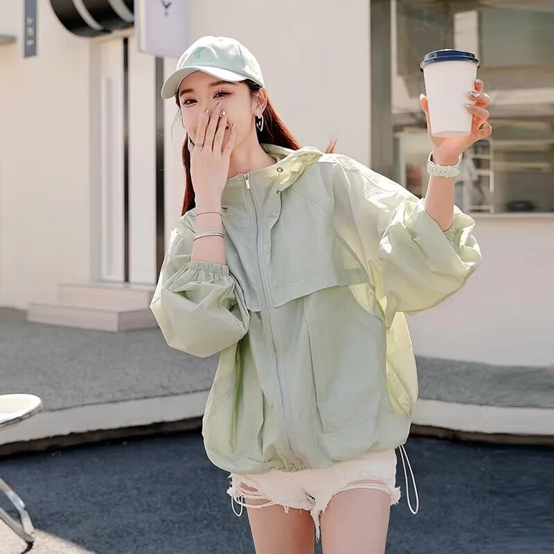 2026夏季新款防晒衣女便携式速干时尚百搭透气薄款连帽宽松简约 豆绿色 2XL 【建议135-155斤】