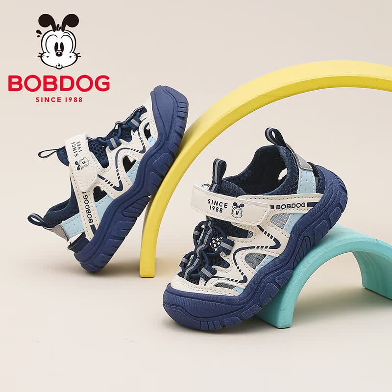 巴布豆(BOBDOG)童鞋男童夏季透气框子鞋2026女宝小童学步鞋低帮儿童运动凉鞋 藏青蓝/米 25 适合脚长15.0cm