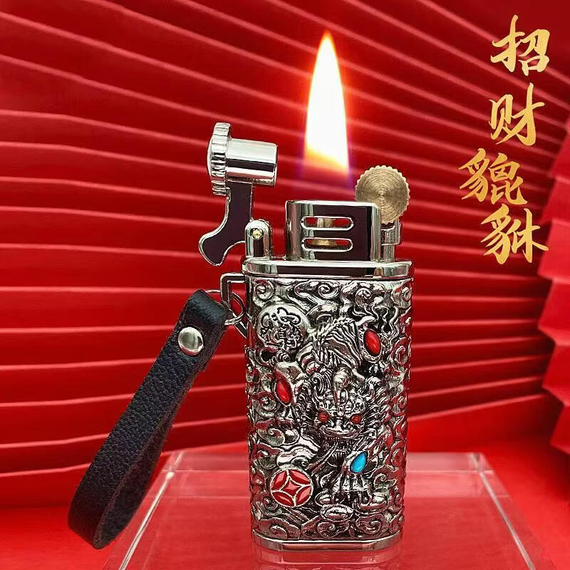 首领正品煤油打火机招财貔貅浮雕国潮防风砂轮高档爸爸生日礼物男士潮 金色【礼盒装】 豪华版【送火石棉芯+133毫升煤油】