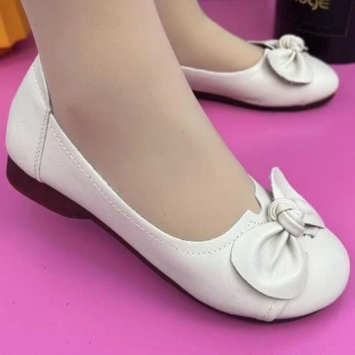 【热卖爆款】春夏新款浅口平底豆豆鞋舒适软底鞋防滑蝴蝶结女单鞋 米白色 36
