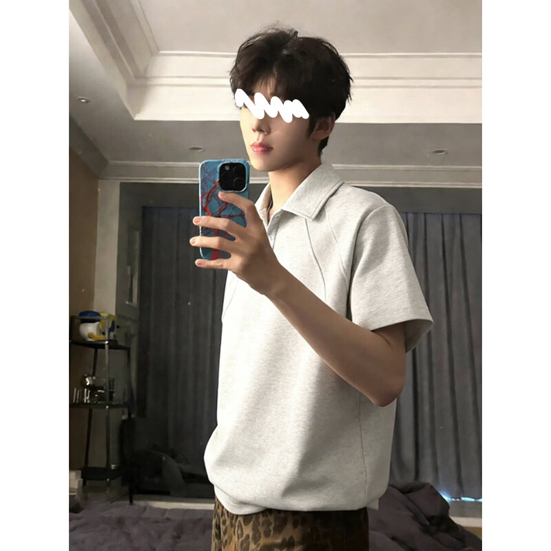 POUM白花灰美式翻领短袖Polo衫男款夏季boxy版型t恤感内搭半截袖 CLF-T212白灰色 XL