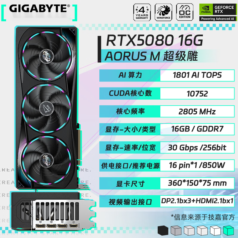 技嘉(GIGABYTE)RTX5080 16G显卡4K魔鹰雪鹰级雕白一体水雕台式电脑黑神话悟空游戏AI画图渲染深度学习 【超级雕】5080 AORUS M-16G