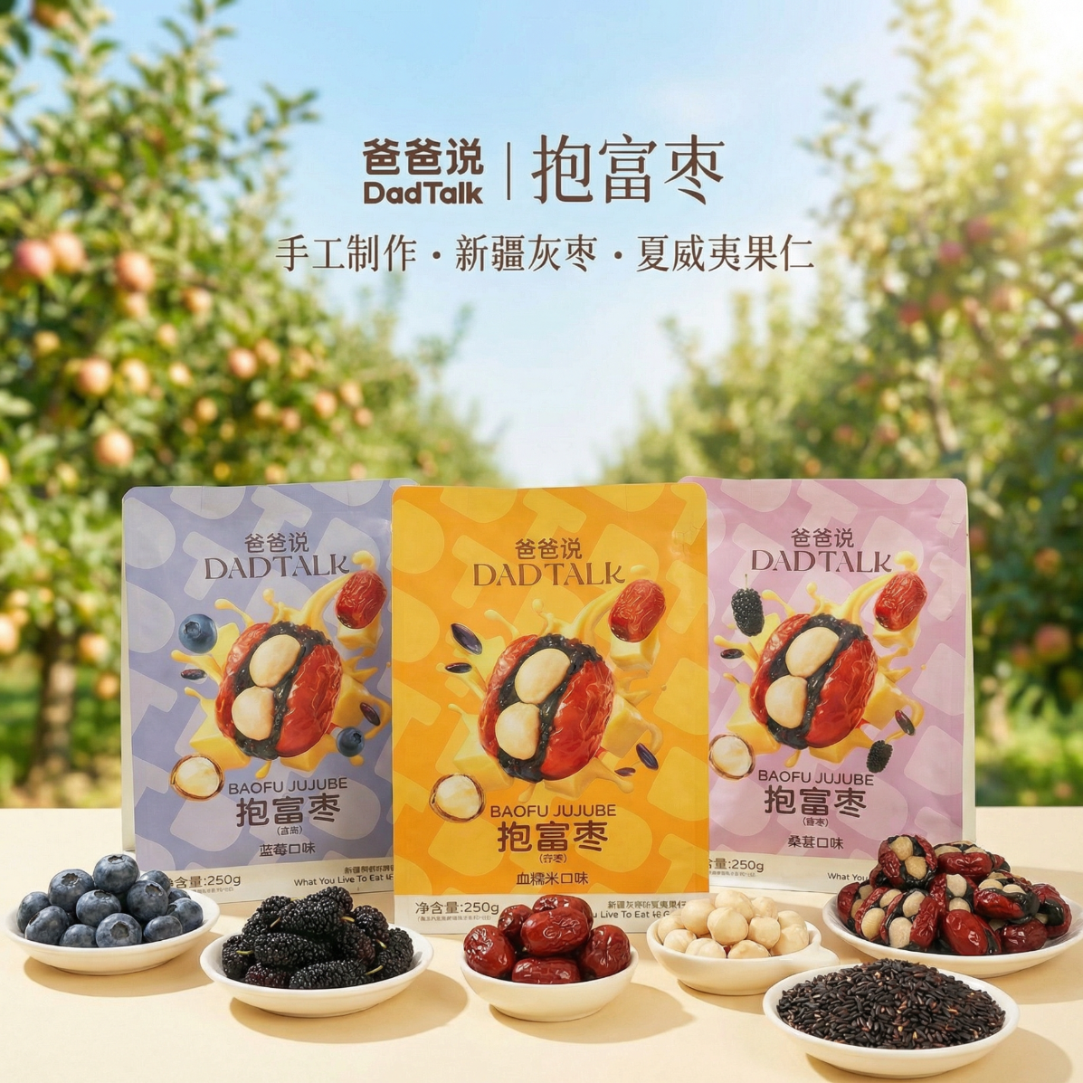 爸爸说 DAD TALK抱富枣暴富枣 手工制作新疆红枣办公室休闲养生零食 血糯米味250g*1袋+蓝莓味65g*1袋