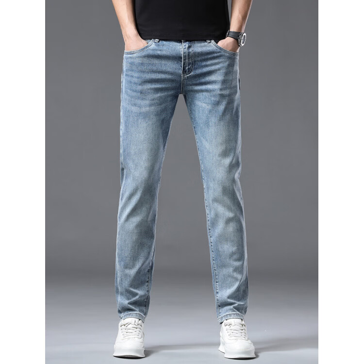 阿玛尼(ARMANI)2026新款男士牛仔裤修身小脚夏季薄款中腰弹力百搭裤子 浅蓝色 38