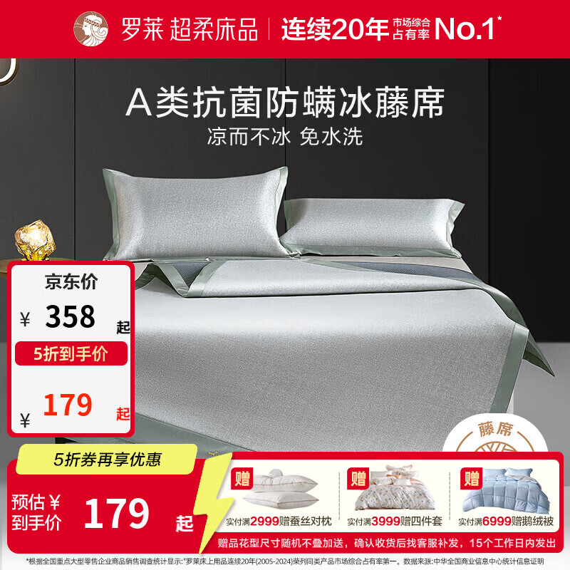 罗莱家纺 夏季A类防螨抗菌可折叠凉席冰丝藤席子空调席 【轻奢A类抗菌防螨LL绣花软席】条席款蓝色 三件套 180cm*200cm