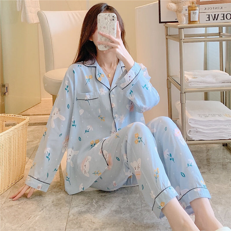 JPUZ睡衣女长袖棉绸春秋季薄款两件套甜美绵绸开衫人造棉夏秋天家居服 浅蓝小兔子 2XL 【130-155斤】