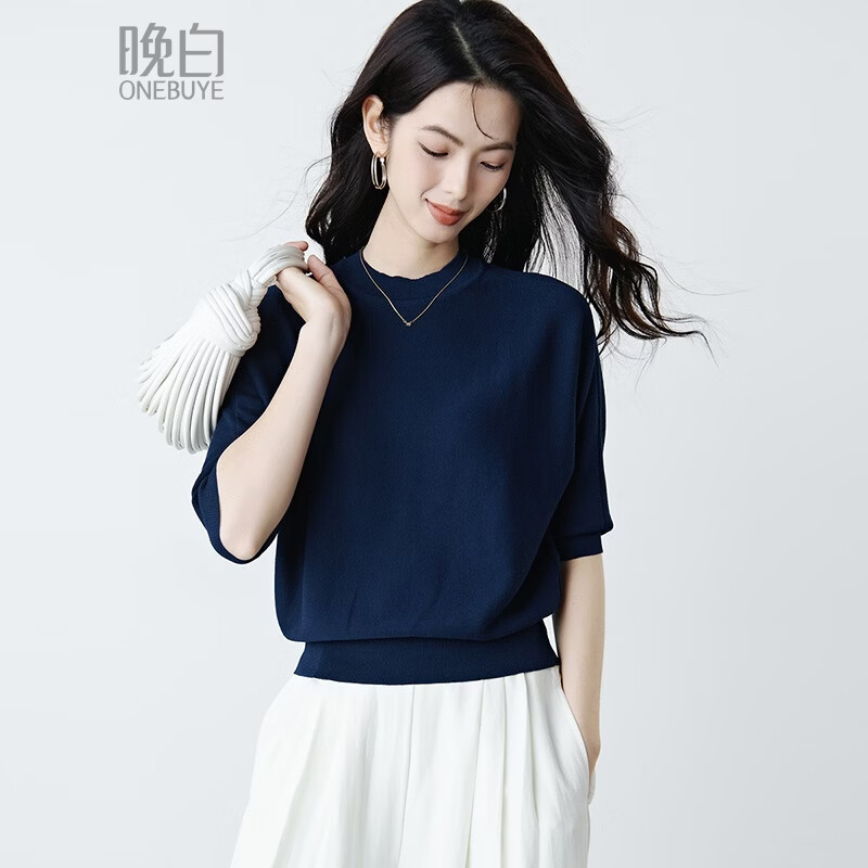 晚白【新品】2026春气质简约纸片人上衣时尚百搭大码中袖套头针织衫女 深蓝色 S