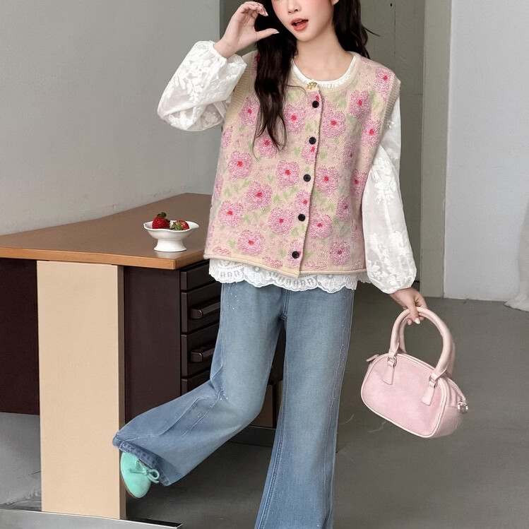 女童毛衣开衫春秋季新款儿童针织马甲两件套 粉色 马甲加衬衫 170