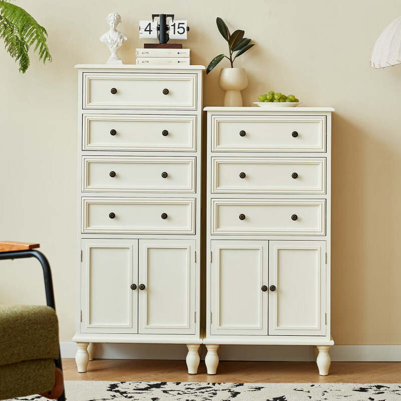 年年喜临门美式覆古实木斗柜家用卧室多层抽屉式收纳柜小型简约五斗柜 暖白色四抽 59.5*35*115.5 整装