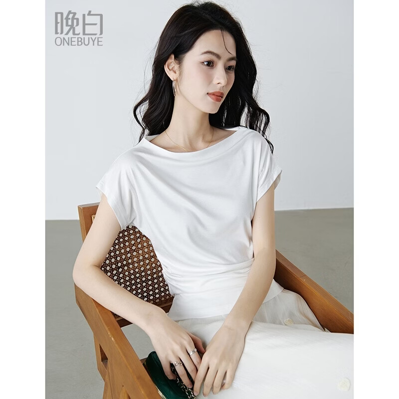晚白2026年春夏款简约一字肩蝙蝠袖压褶收腰上衣舒适百搭冰丝凉感T女 白色 L