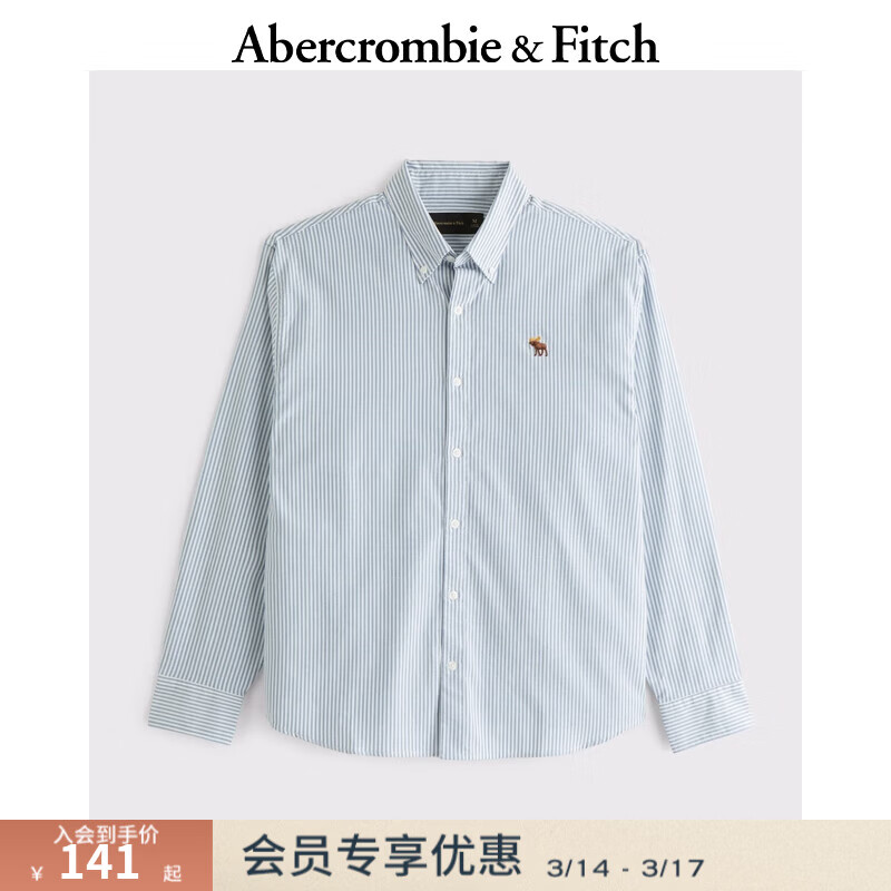 Abercrombie &amp; Fitch【牛津衬衫】经典小麋鹿图案男装25春夏美式长袖衬衫125-5083 蓝色细条纹 2XL (185/124A)尺码偏大