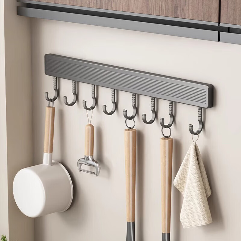 免打孔厨房挂钩粘钩一排式挂勺子铲子挂架排钩锅铲枪灰多功能挂杆 厨房挂钩轻奢灰-12钩-60CM