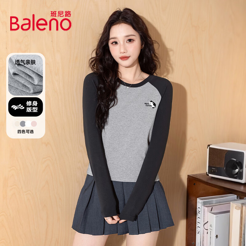 班尼路（Baleno）棉质宽松长袖T恤女2026年春秋女装新款时尚休闲简约百搭上衣 灰#无脸好多猫K 【棉质春季撞色T恤】 M