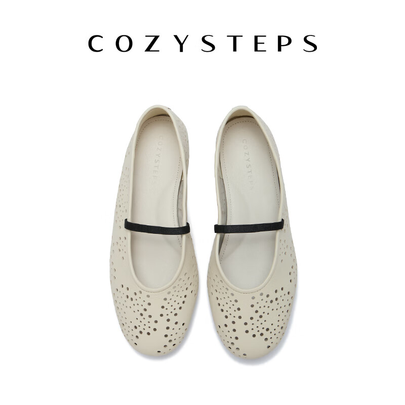 COZY STEPS可至女士26春季新款浅口复古牛皮芭蕾玛丽珍镭射冲孔单鞋女 乳酪白 35