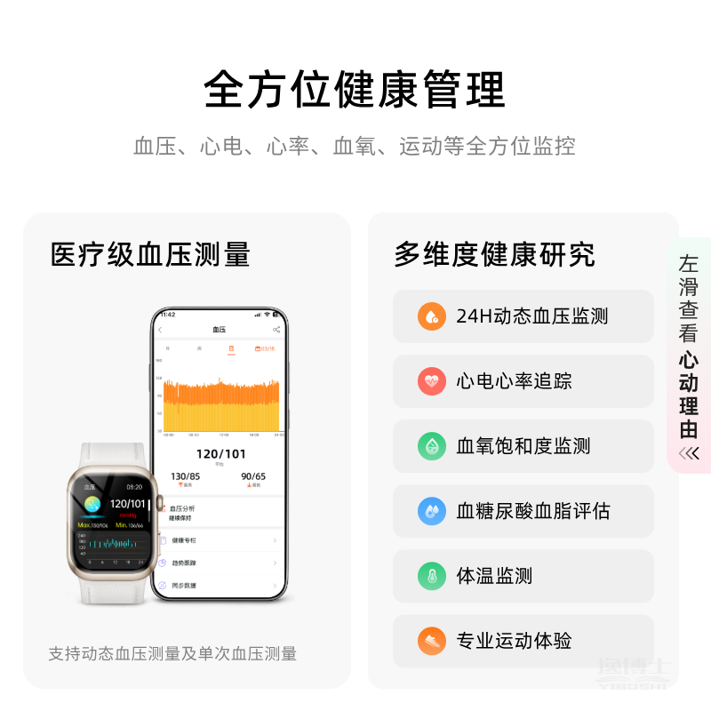 逸博士【医疗级】智能血压手表气泵式睡眠心率心电血糖血氧动态监测气囊腕部血压仪精准监测AI健康体检 砚池黑 官方至尊款