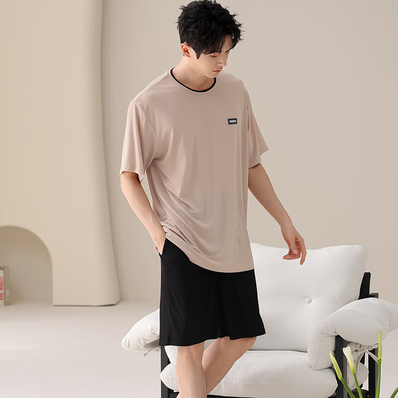 都市丽人睡衣男士冰丝凉感夏季薄款休闲大码圆领短袖短裤家居服套装可外穿 男士短袖短裤套装-浅灰色 L （建议105-135斤） （建议135-155斤） 