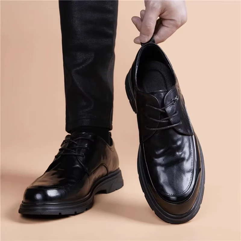 Walker Shop皮鞋男款2026新款真皮商务西装鞋男休闲增高夏季透气软底男士皮鞋 高档黑色【品牌男鞋 礼盒包装】 40