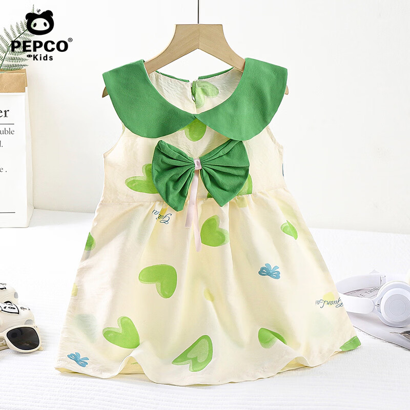 小猪班纳（PEPCO）新款儿童云朵棉连衣裙夏季女童可爱蝴蝶结公主裙宝宝无袖公主领 白底绿色 140