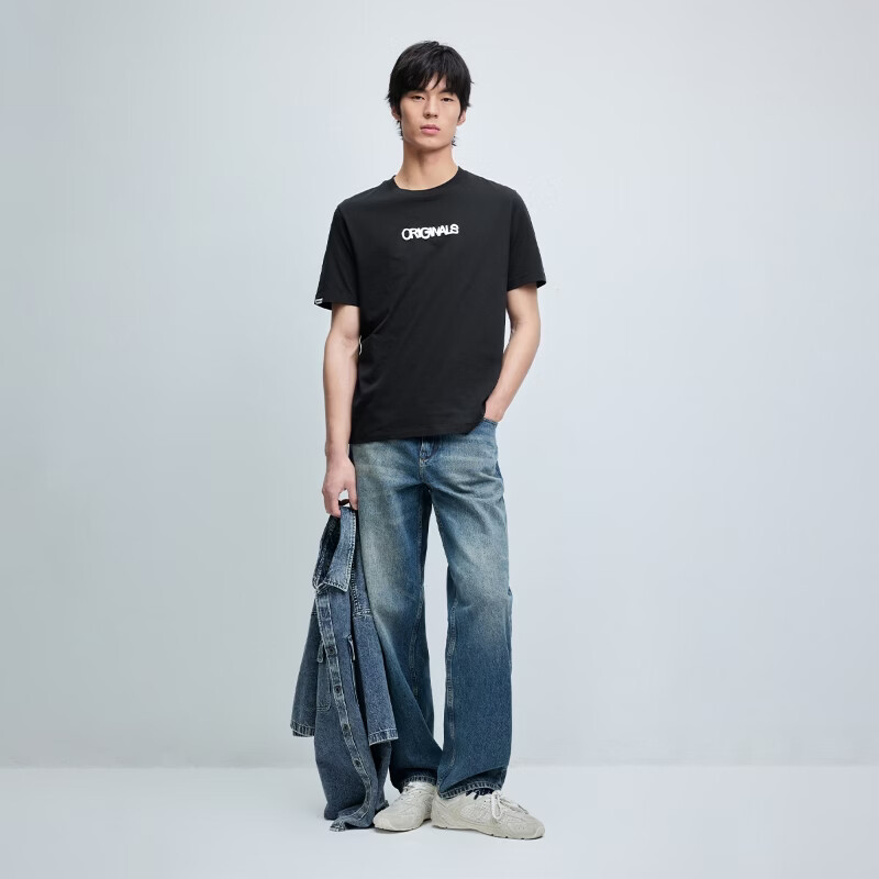 杰克·琼斯（JACK&JONES）26年【100%纯棉】短袖t恤男款夏季新款字母发泡印花潮流品质男装 E43纯黑色 M （175）