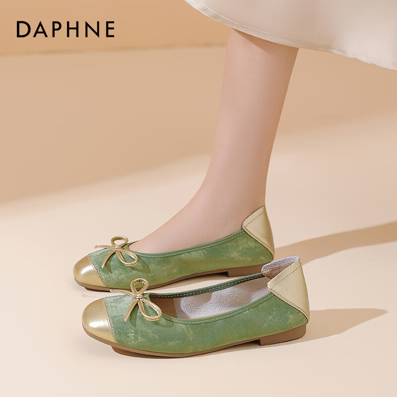 达芙妮平底单鞋女2026新款春季法式蝴蝶结芭蕾舞鞋温柔玛丽珍鞋女ZJ 绿色 36