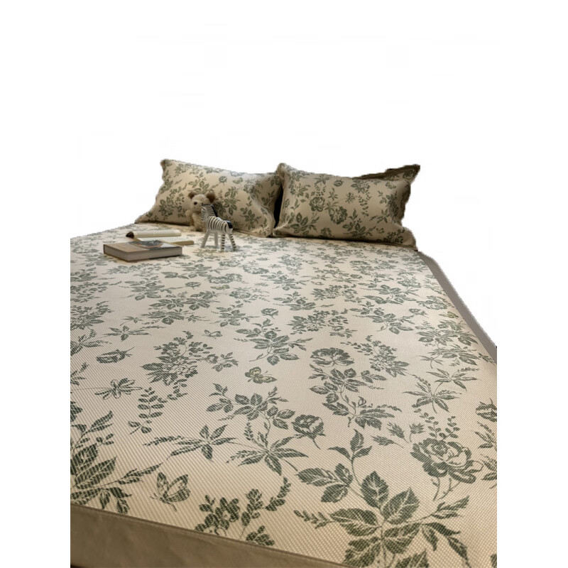 藤席天然纯藤冰法式茶歇绿色碎花可机洗夏凉席三件套空 YAG-冰藤席法式茶歇绿床笠款 1.8m(6英尺)床