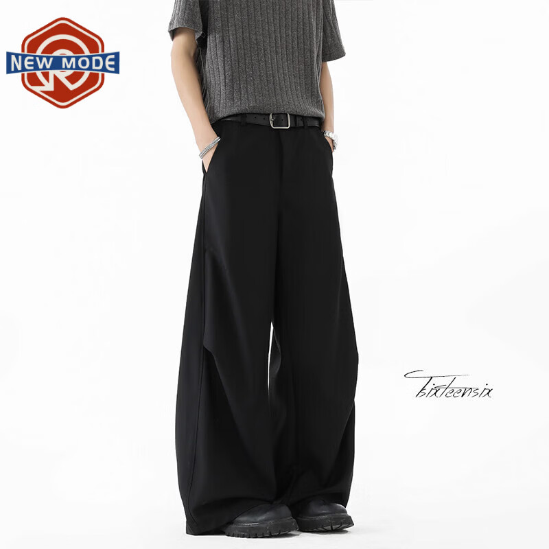 NEW OR MODE美式复古褶皱弯刀西裤男夏季新款潮牌宽松垂感显瘦百搭直筒休闲裤 黑色【高品质】 M 【建议90-110斤】