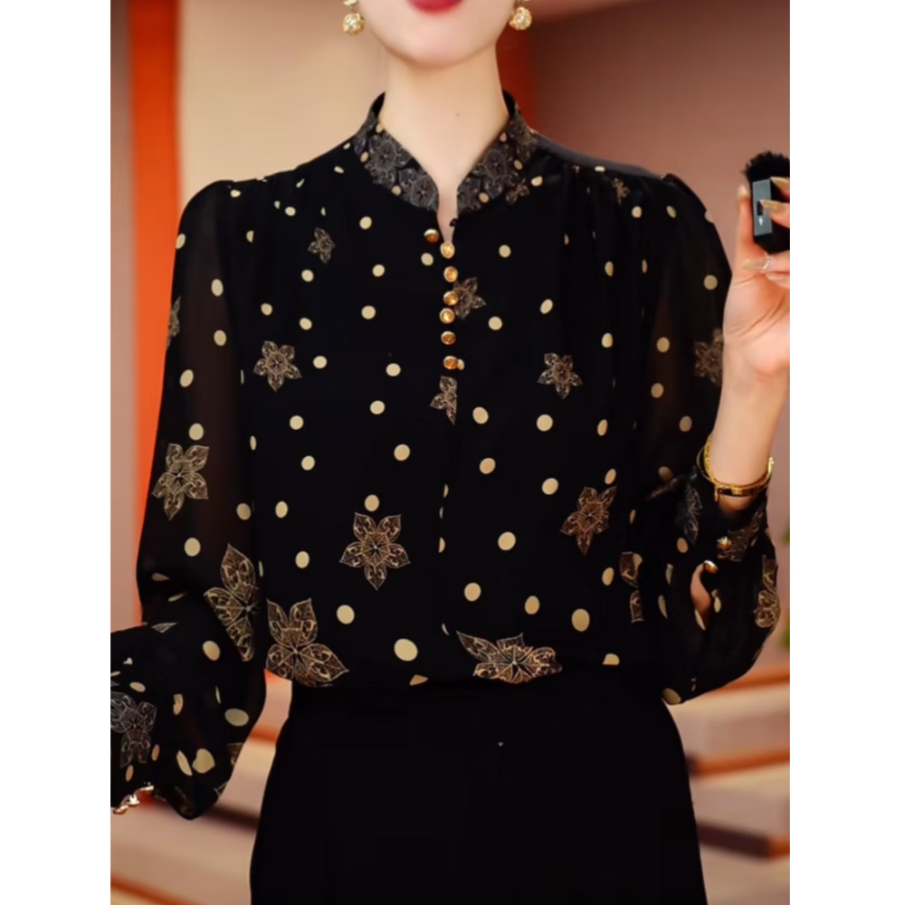 高级感洋气波点印花立领衬衫女春季新款显瘦宽松长袖薄款套头上衣 【高品质】花色 XL 建议115-125斤