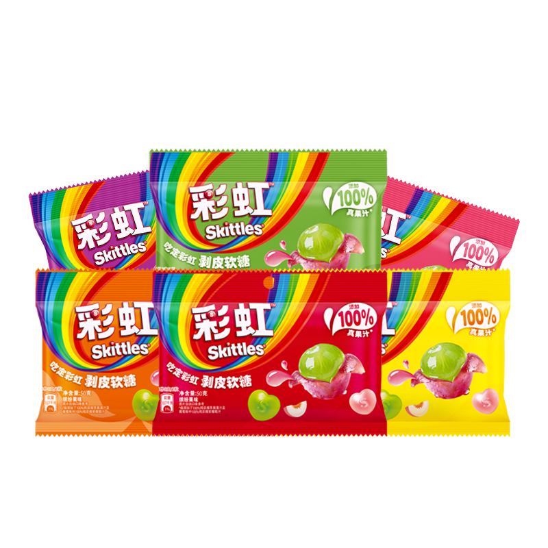 彩虹（Skittles）剥皮软糖 混合水果味果汁qq软糖50g*6儿童休闲零食糖果 喜糖