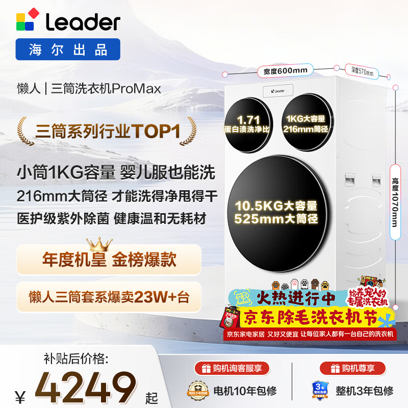 统帅（Leader）独家首发 海尔出品懒人三筒洗衣机ProMax 12.5KG滚筒全自动 内衣洗 三桶年度机皇 家电国家补贴697