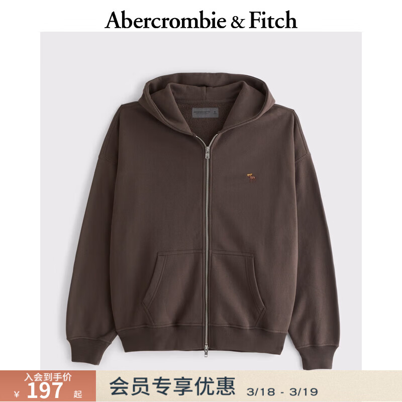 Abercrombie &amp; Fitch经典小麋鹿图案美式抓绒经典廓形卫衣外套25秋冬男装122-5540 深棕色 M (180/100A) 尺码偏大，建议小一码