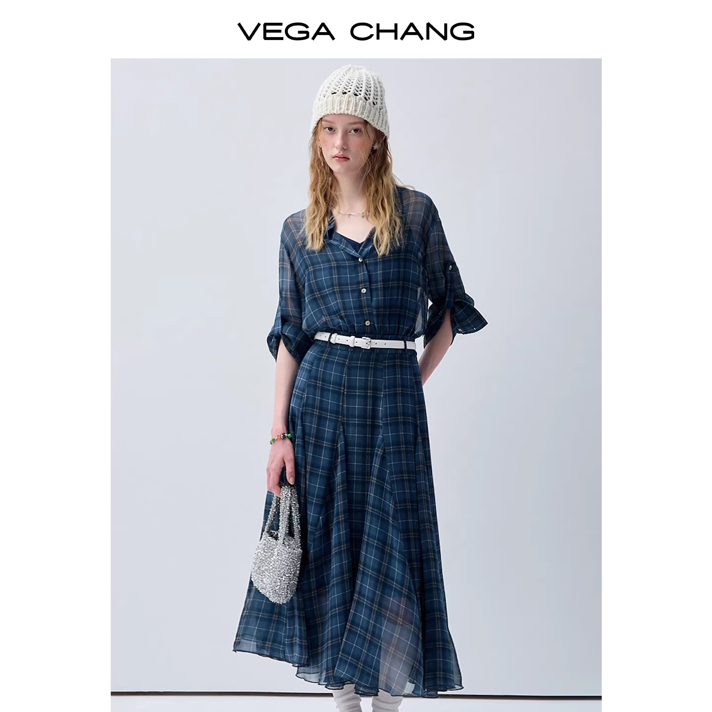 VEGA CHANG衬衫连衣裙女2026新款夏度假风小个子复古翻领格纹短裙 深巷蓝（长款） L