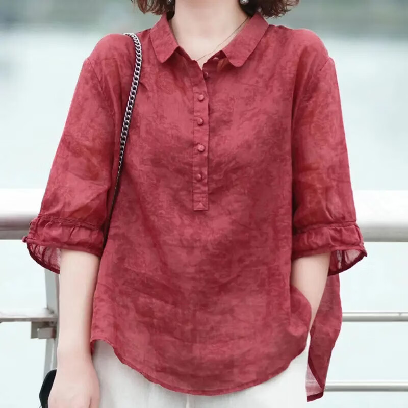 妈妈夏装精仿天丝苎麻T恤洋气上衣新款套装中年女装中袖麻棉衬衫L 朱砂红 2XL (105-120斤)