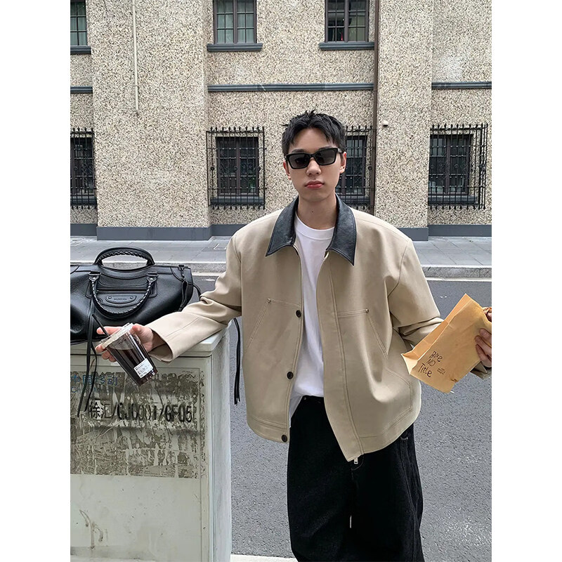 DEREJERINE撞色翻领夹克外套男款春秋美式痞帅cleanfit巴恩风工装短款棒球服 杏色 M 建议105-120斤