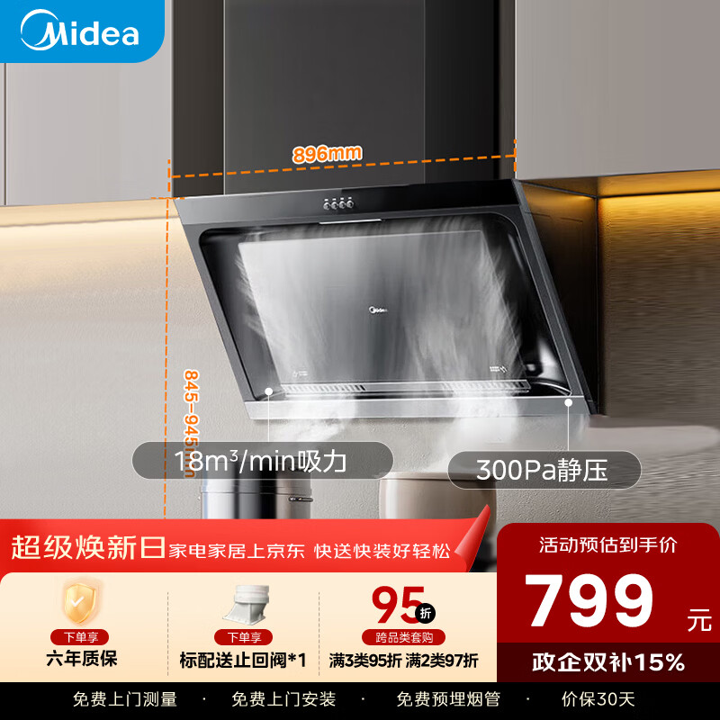 美的（Midea）抽吸排油烟机 家用大吸力侧吸式油烟机上门安装以旧换新出租房屋脱排烟机CXW-200-J30