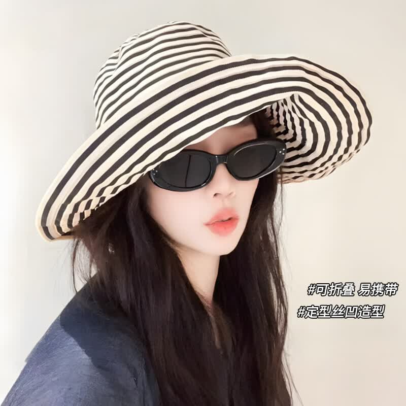 辛丛大头围防晒条纹渔夫帽女夏季新款日系可折叠长帽子时尚盆帽太阳帽 黑米条纹【1个装】大头围可折叠