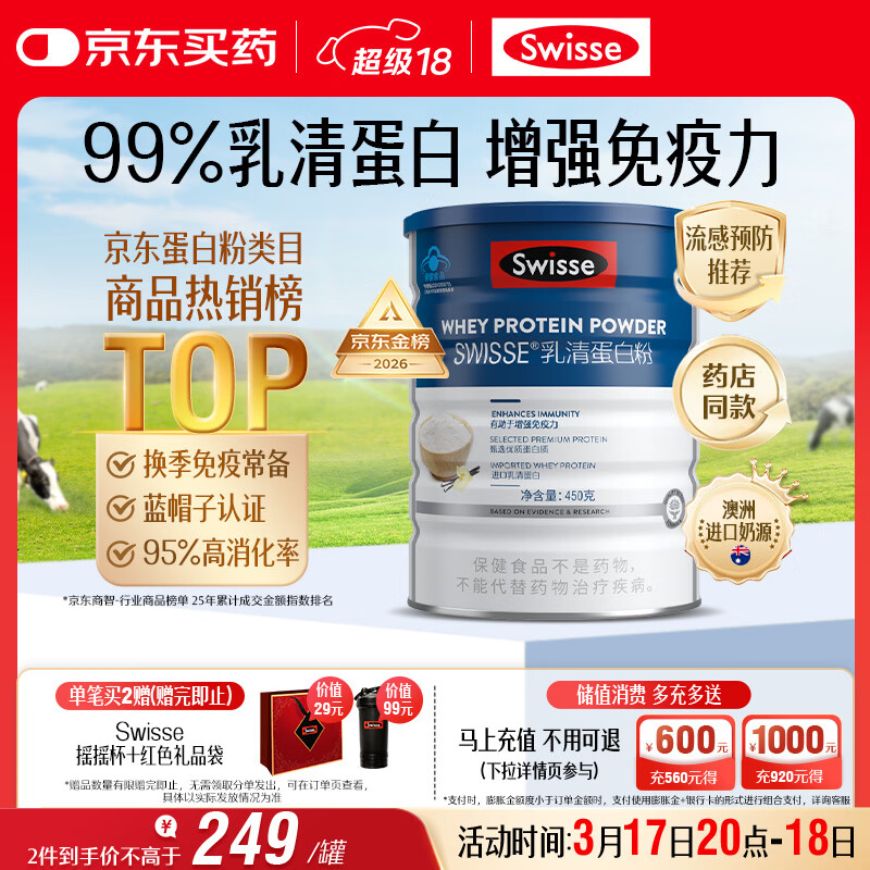 Swisse斯维诗蓝帽乳清蛋白粉450g 中老年增强免疫力术后营养 药店同款