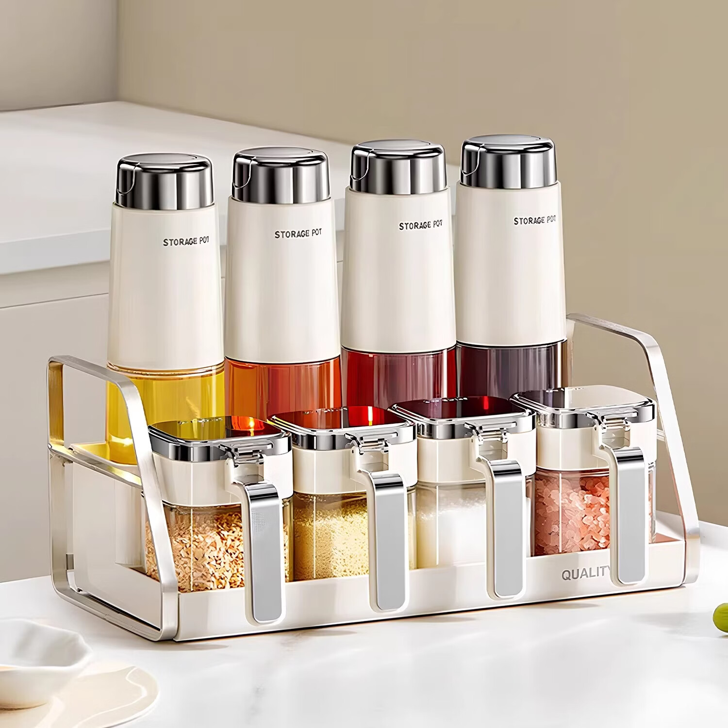 吱凡日本调味料盒盐罐容器组合套装高端厨房用品白醋瓶酱油不挂油油壶 9件套-米白色【4个调料瓶+4个调料罐+1个置物架】