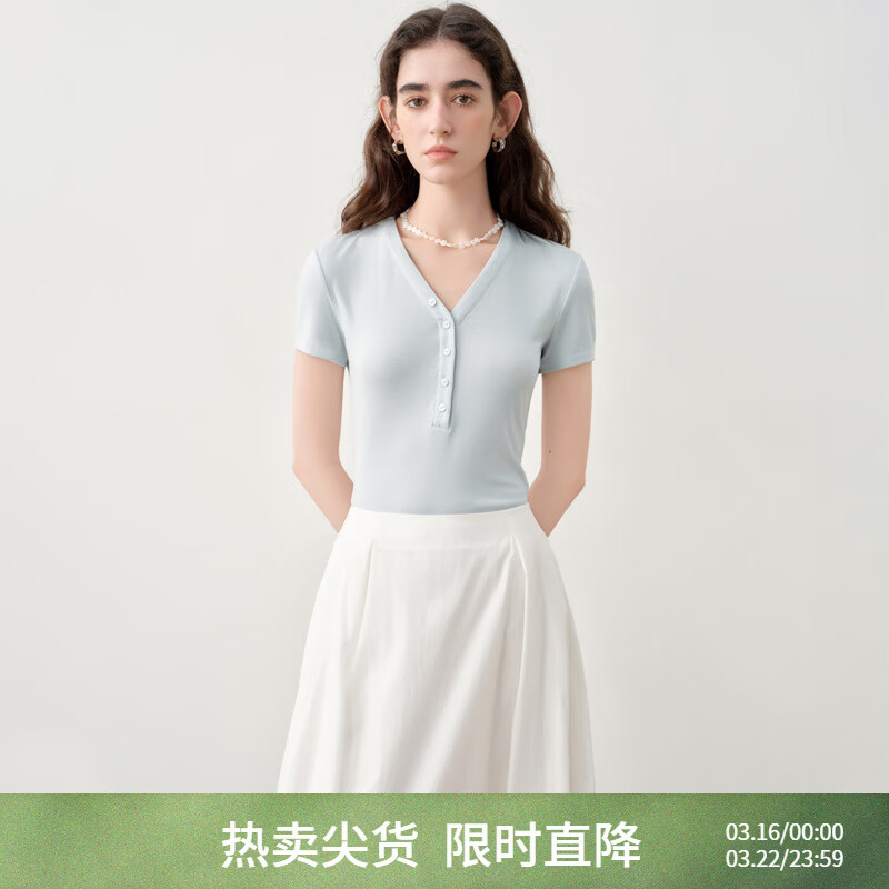 自巧小个子凉感针织三色修身V领半开襟T恤上衣女2026年夏季新品 水雾蓝 S （尺码：3）