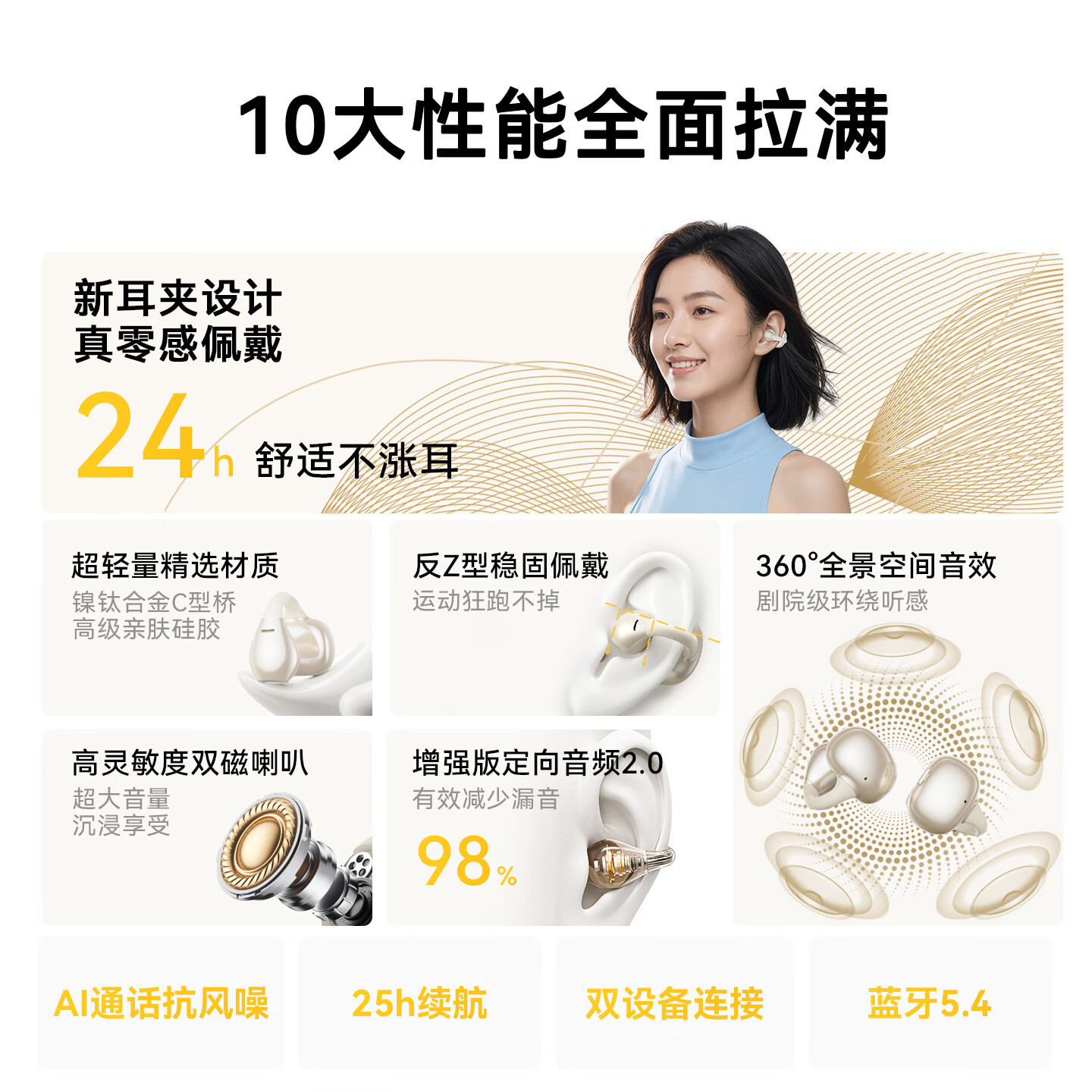 MENGSUIYAO【全网热销100W+丨久戴舒适】蓝牙耳机夹耳式长续航真无线不入耳舒适运动适配小米华为 金月米