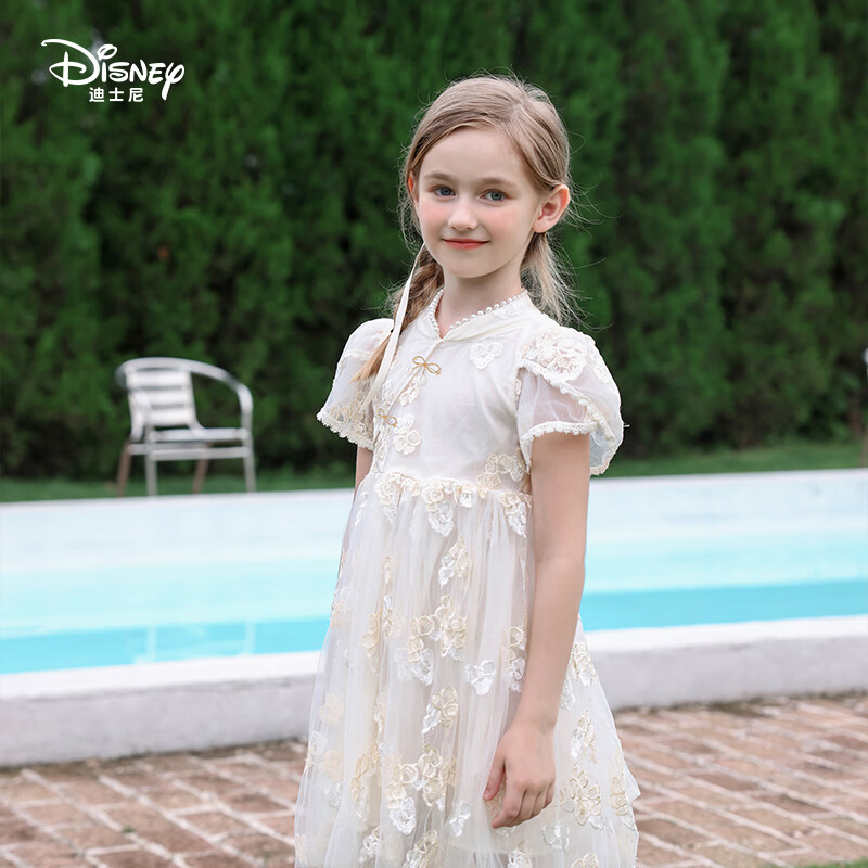 迪士尼（Disney）童装艾莎公主女童甜美连衣裙2026春夏季新款中式网纱公主裙礼服潮 米白色 140