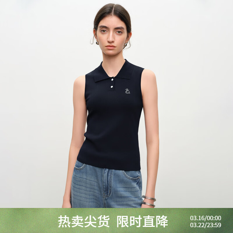 自巧（ZIQIAO）小个子高智预科风polo无袖针织衫女2026春夏新款学院针织背心 藏青色 XS （尺码：2）